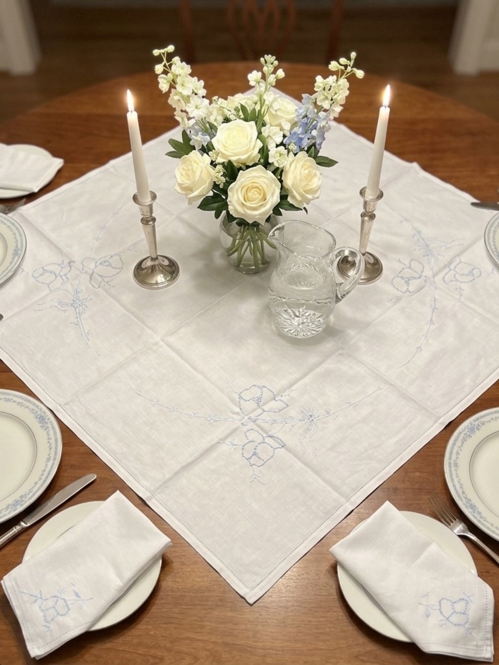 Vintage Irish Linen Tablecloth and 4 Napkin Set Blue Floral Embroidery Heritage